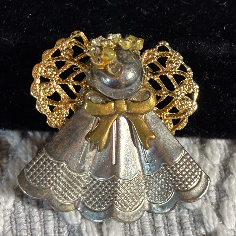 Gold & Silver Tone Mixed Texture Layered Metal ANGEL Brooch Pin 1.5" Halo Wings